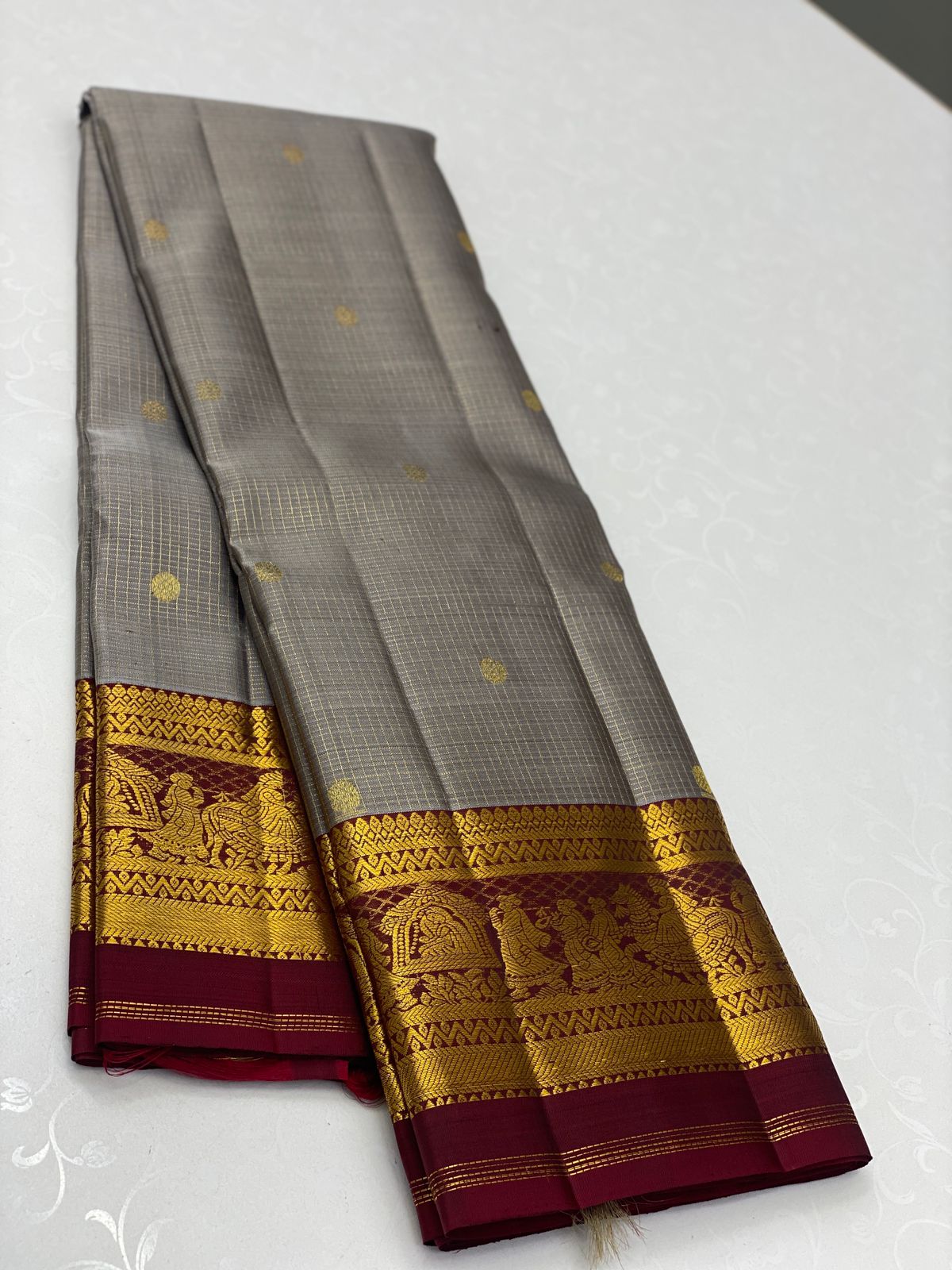 Grey and Maroon Kanchipuram Handloom Bridal Silk Sarees